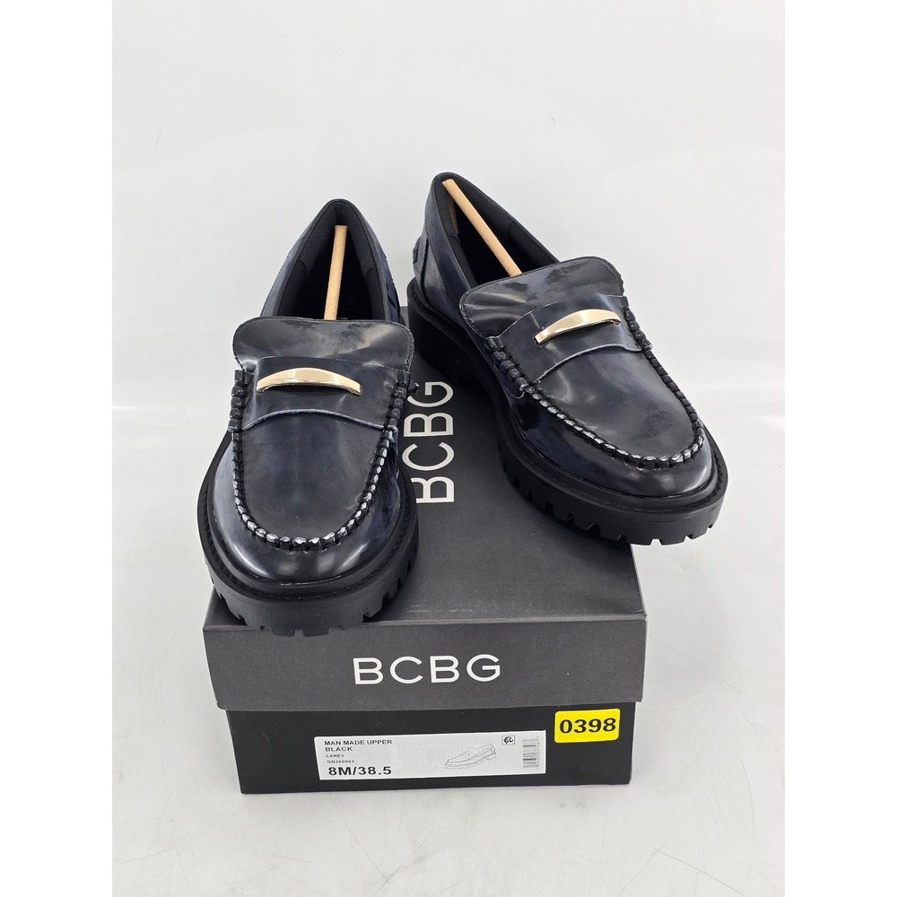 BCBG Laney Loafers Womens 8 Black Lug Sole Gold Hardware GN260901 - New